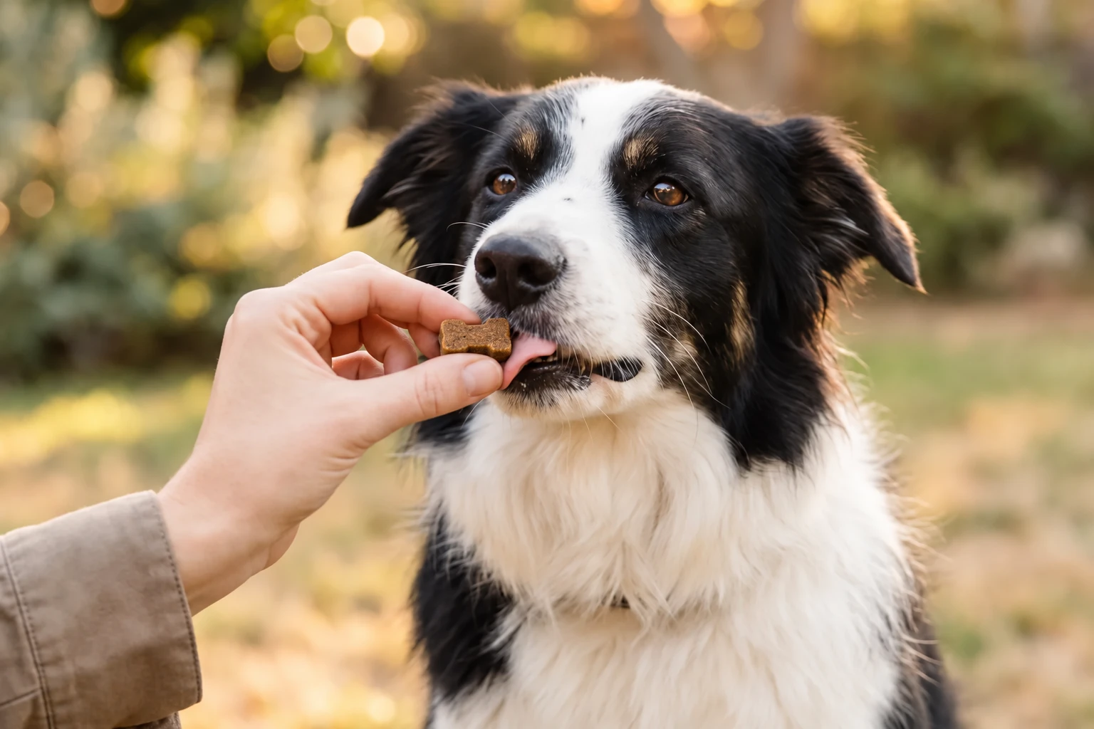 Un border collie recibe su masticable de una mano, como parte de su rutina diaria