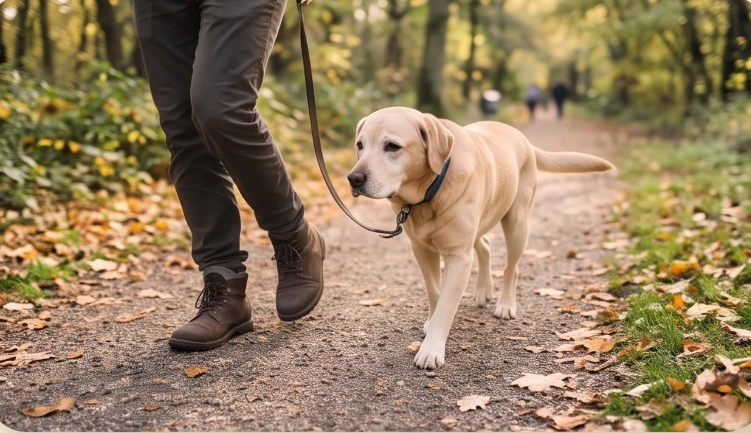 Un perro y una persona pasean juntos por un camino arbolado; escena ilustrativa