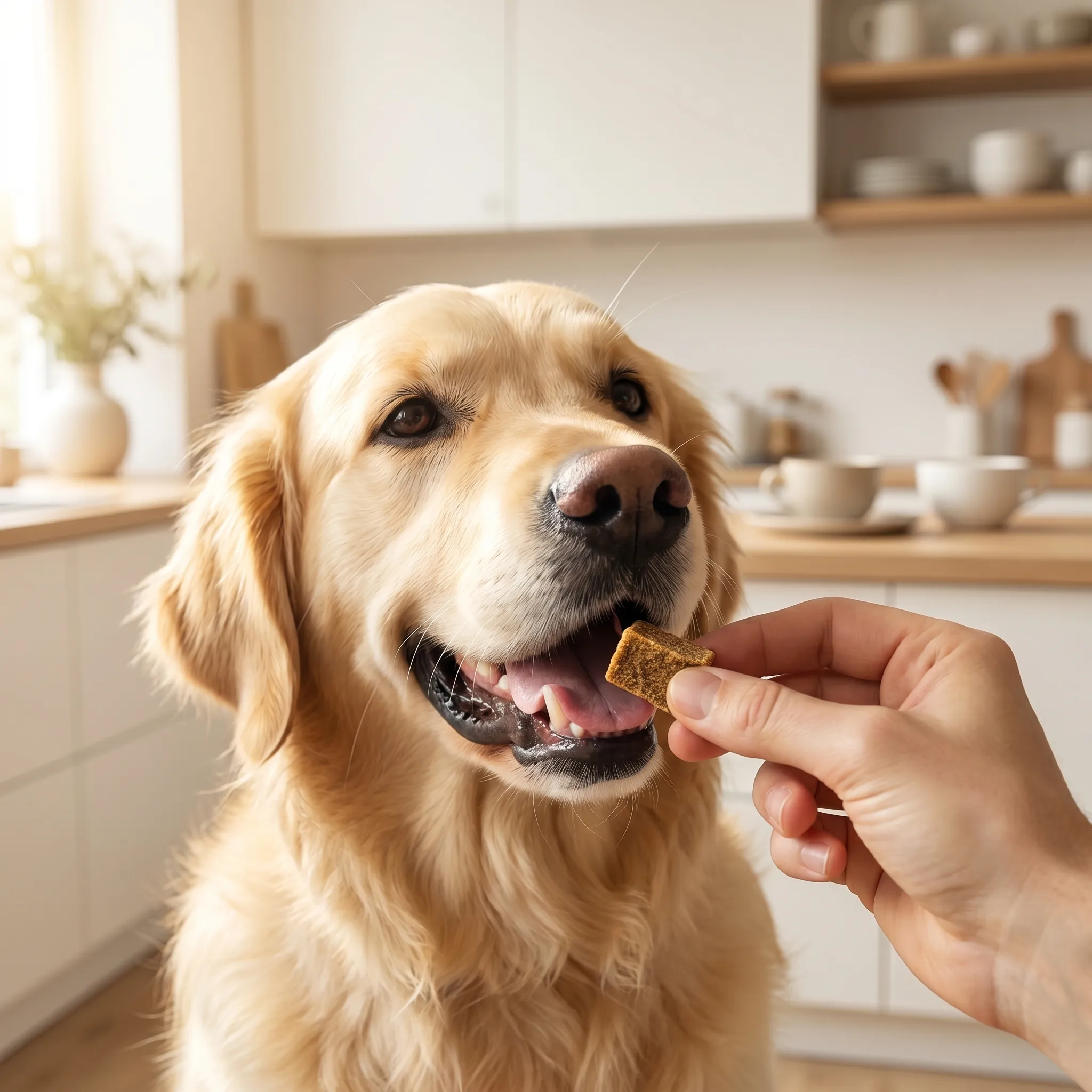 Golden retriever recibiendo un soft chew Bondi Pets en un bosque otoñal